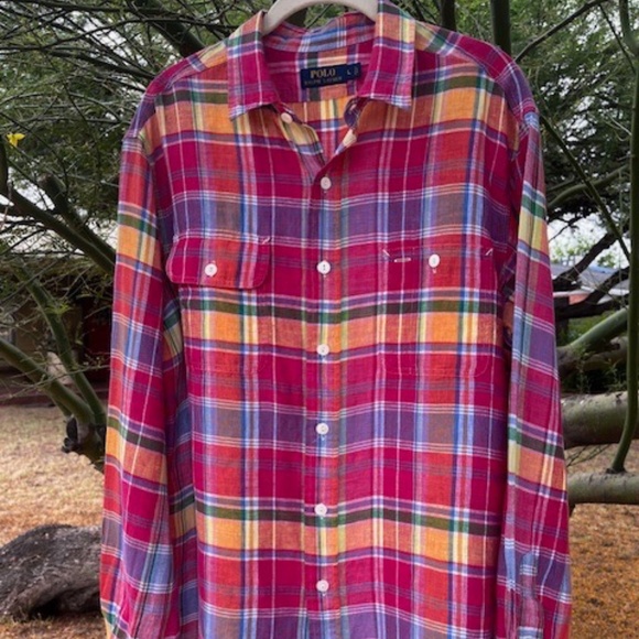 Men's POLO - Ralph Lauren - Bright Multi Colored Plaid Linen L. S. Shirt - L - Picture 1 of 12